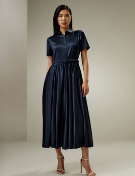 Robe Longue En Soie Poches Latérales, Fermeture Boutonnée 100% Soie Pure Pièces Incontournables Pour De Multiples Occasions 44