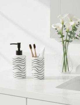 Dispenser per sapone e bicchiere per spazzolini in dolomite con motivo a onde - bianco