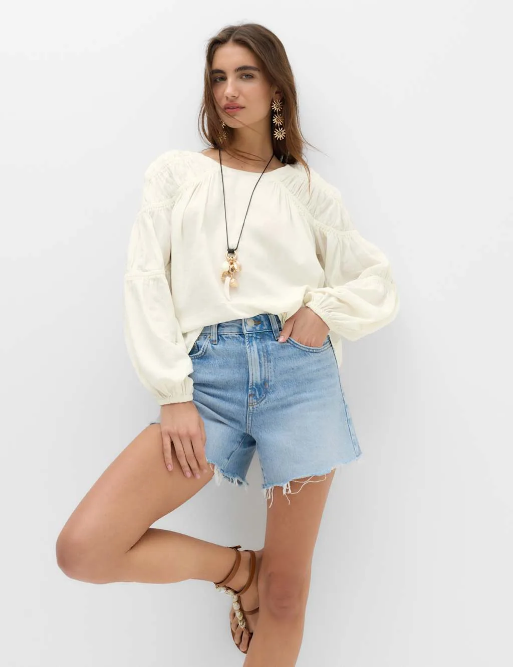 Linen Blend Relaxed Shirred Top Ivory female - M&S - FashionsVida
