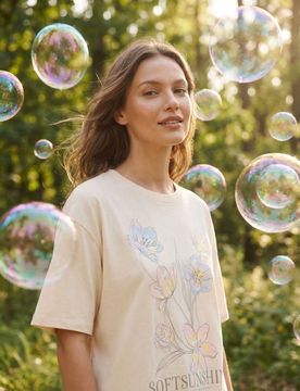 T-shirt in cotone con stampa floreale - grano