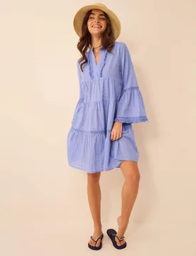 Cotton Rich Flute Sleeve Beach Dress Blue female - Accessorize - FashionsVida