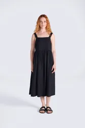Linen Womens Midi Dress - Black - Black - Size: 18