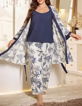 Conjunto de pijama con top tipo camiseta de unicolor, pantalones con estampado tropical y bata, ropa de otoño e invierno para tallas grandes - Shein - FashionsVida
