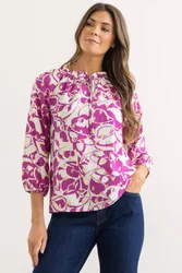 Floral & Foil Printed Tie Neck Top - Pink - Size: 22
