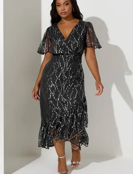 Women's Metallic Dobby Wrap Dress in Black Size: 22 - Black - Size: 22 - Yours - FashionsVida