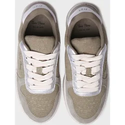 Zapatillas de piel de mujer con tejido combinado