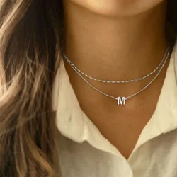 Set de 2 collares con colgante de letra y cadena con cuentas de acero inoxidable, para mujer
