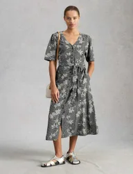 Linen Rich Printed Midi Tea Dress Black Mix female