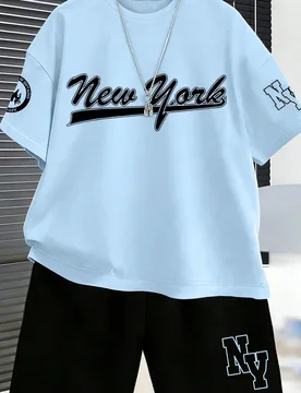 Conjunto casual cómodo para adolescentes varones, incluye camiseta de cuello redondo con estampado de la letra New York + pantalones cortos, verano - Shein - FashionsVida