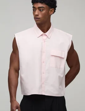 Men's Oversized Boxy Extreme crop Sleeveless Oxford Shirt Pink Size X-Large Pink XL - boohooMAN - FashionsVida