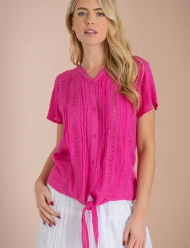 Women's Tie Front Short Sleeve Blouse in Pink Size: 18 - Pink - Size: 18 - Klass. - FashionsVida
