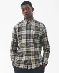 Camicia tartan check verde militare e beige in flanella di puro cotone con collo button down