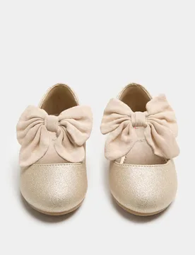 Kids' Shimmer Bow Ballet Shoes (4 Small-2 Large) Gold Female - M&S - FashionsVida