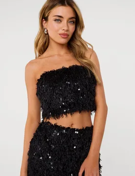Womens Feather Sequin Bandeau Top - Black - Size Large - Pink Vanilla - FashionsVida