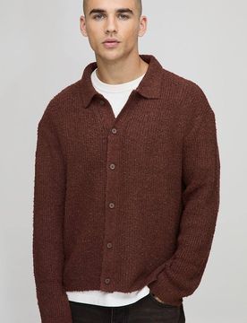 Herren Kastenförmiges Gestricktes Hemd mit Bürstung Chocolate Größe Medium