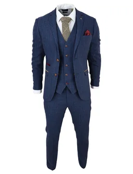 Mens Blue Tweed Check 3-Piece Suit - Size 44 (Chest) - Paul Andrew - FashionsVida