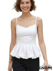 Womens Casual Vacation Top Solid Color Camisole Adjustable Spaghetti Straps Ruffled Pleated Peplum Sleeveless Tank Blouse