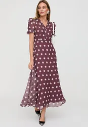 Julia Button Down Polka Dot Print Maxi Dress In Brown - 8