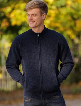 Zip Mens Cardigan with Checked Faux Fur Lining - Kensington - FashionsVida