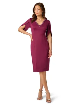 Women's Beaded Scuba Pencil Dress in Wine Size: 18 - Wine - Size: 18 - Adrianna Papell - FashionsVida