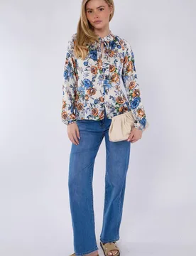 Women's Blue Roses Print Tie Lace Satin Blouse Size: Medium - Multicolor - Size: M - LOVE SUNSHINE - FashionsVida