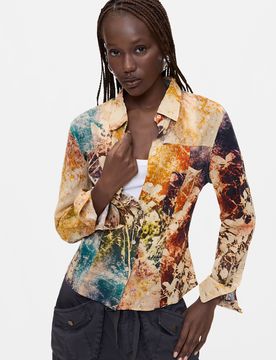 Camisa Estampada, Mujer, Algodon, Azul, XS