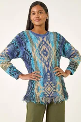 Jacquard Tassel Trim Knit Jumper - Blue - Size: 12