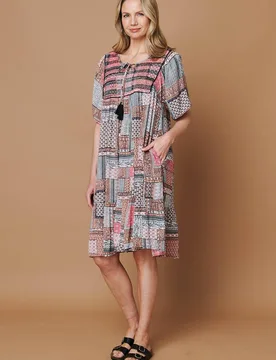 Women's Patchwork Tassel Knee Length Smock Dress in Pink Size: 14 - Pink - Size: 14 - Izabel London - FashionsVida