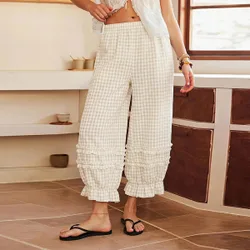 Pantalones de pijama sueltos de algodón con estampado estilo bohemio boho, corte farol y largo 9 puntos para mujer