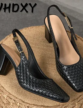 Par de zapatos de tacón alto con punta cuadrada y tacón grueso de 7 cm, zapatos de vestir sexys para oficina, azafata, y ocasiones formales - Shein - FashionsVida