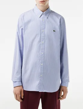 Camicia a righe bianche e azzurre in popeline di cotone con collo button down - Lacoste - FashionsVida