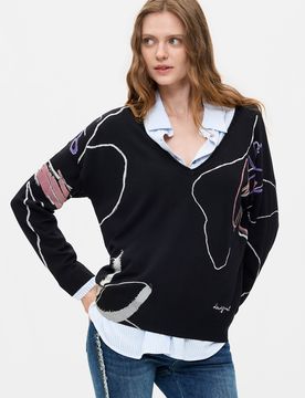 Pull imprimé en maille fine, , Noir, XS