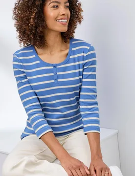 Women's Wrinkle Free 3/4 Sleeve Button Detail Stripe Top in Mid Blue Size: 26 - Mid Blue - Size: 26 - Cotton Traders - FashionsVida