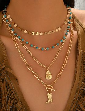 Set de 4 collares con estilo vaquero occidental, cadena dorada hecha a mano con dijes de sombrero y bota, accesorio de joyería de moda para uso diari