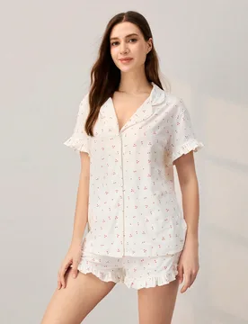 Conjunto de pijama de algodón blanco transpirable para novia, top de manga corta con botones y pantalones cortos, ropa de estar en casa ligera, conju - Shein - FashionsVida