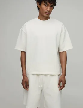 Men's Oversized Boxy Wavy Jacquard T-Shirt & Baggy Shorts Set Ecru Size Small Ecru S - boohooMAN - FashionsVida