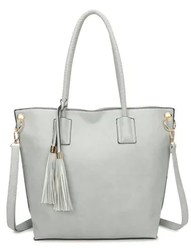 Reid Dual Tassel PU Leather Shoulder Tote Bag - Light Grey - Size: One Size - Fontanella Fashion - FashionsVida