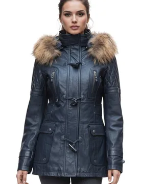 Women's Lamb Leather Quilted Parka Fur Hood Jacket- Duchess in Navy Size: 10 - Navy - Size: 10 - Infinity Leather - FashionsVida