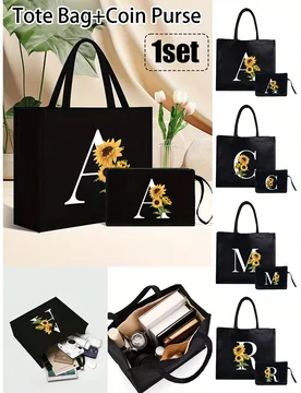 Set de bolsa de lona negra, incluye 1 bolsa de tote con estampado de letras A-Z y 1 bolsa pequeña con letra de girasol y patrón floral, empaque de r - Shein - FashionsVida