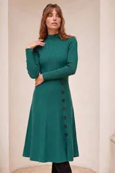 Button Detail Knitted Dress - Green - Size: 20
