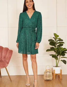 Women's Green Sequin Belted Wrap Long Sleeve Dress Size: 12 - Green - Size: 12 - Mela - FashionsVida