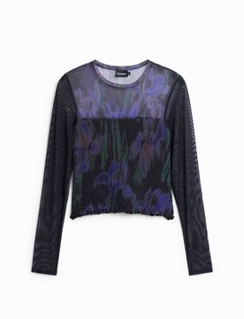 T-shirt à manches longues en tulle froncé, Polyester, Noir, XS