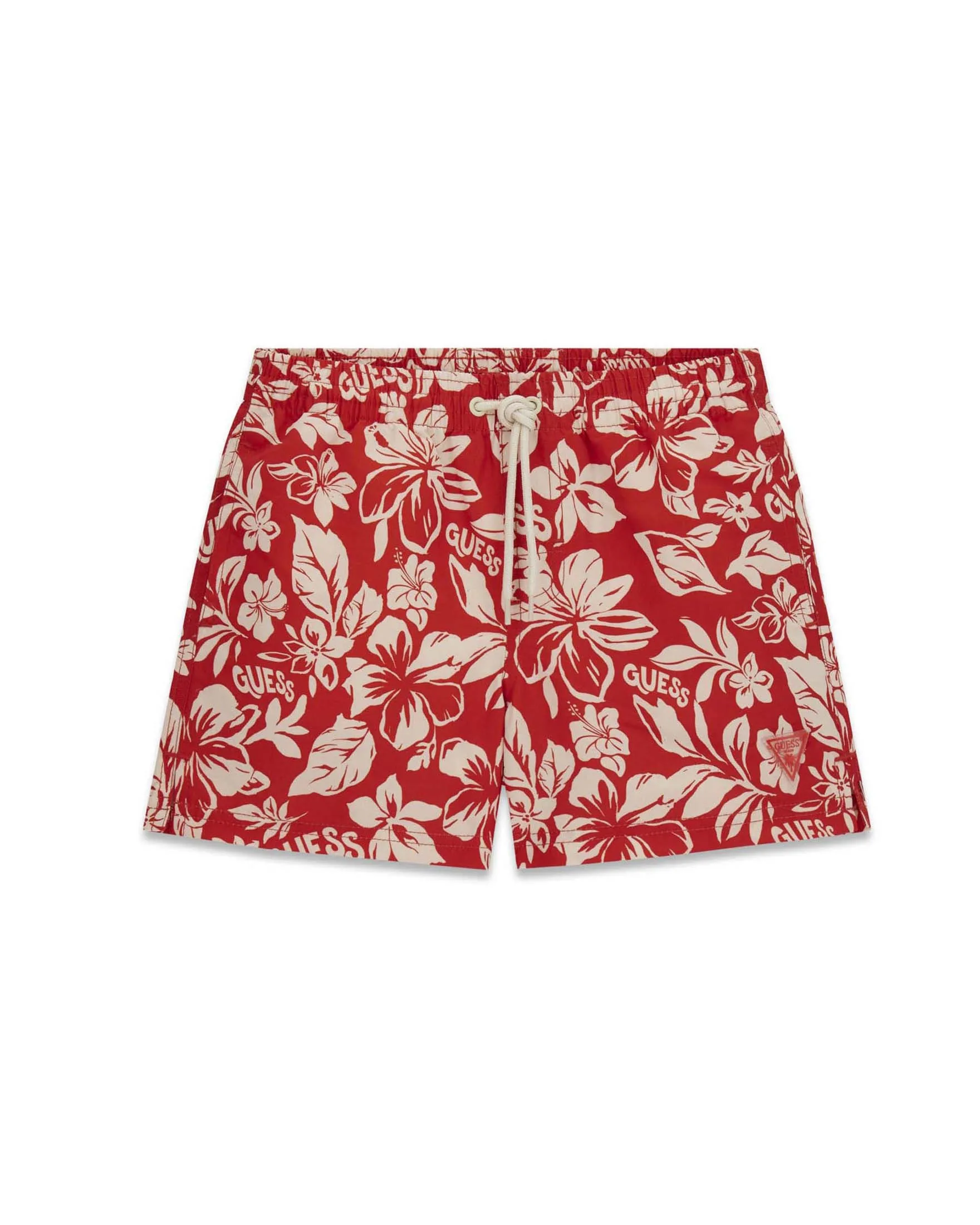 Boxer mare rosso con stampa floreale bianca e logo - Guess - FashionsVida