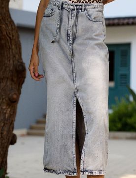 Gonna midi in denim con cintura - grigio chiaro