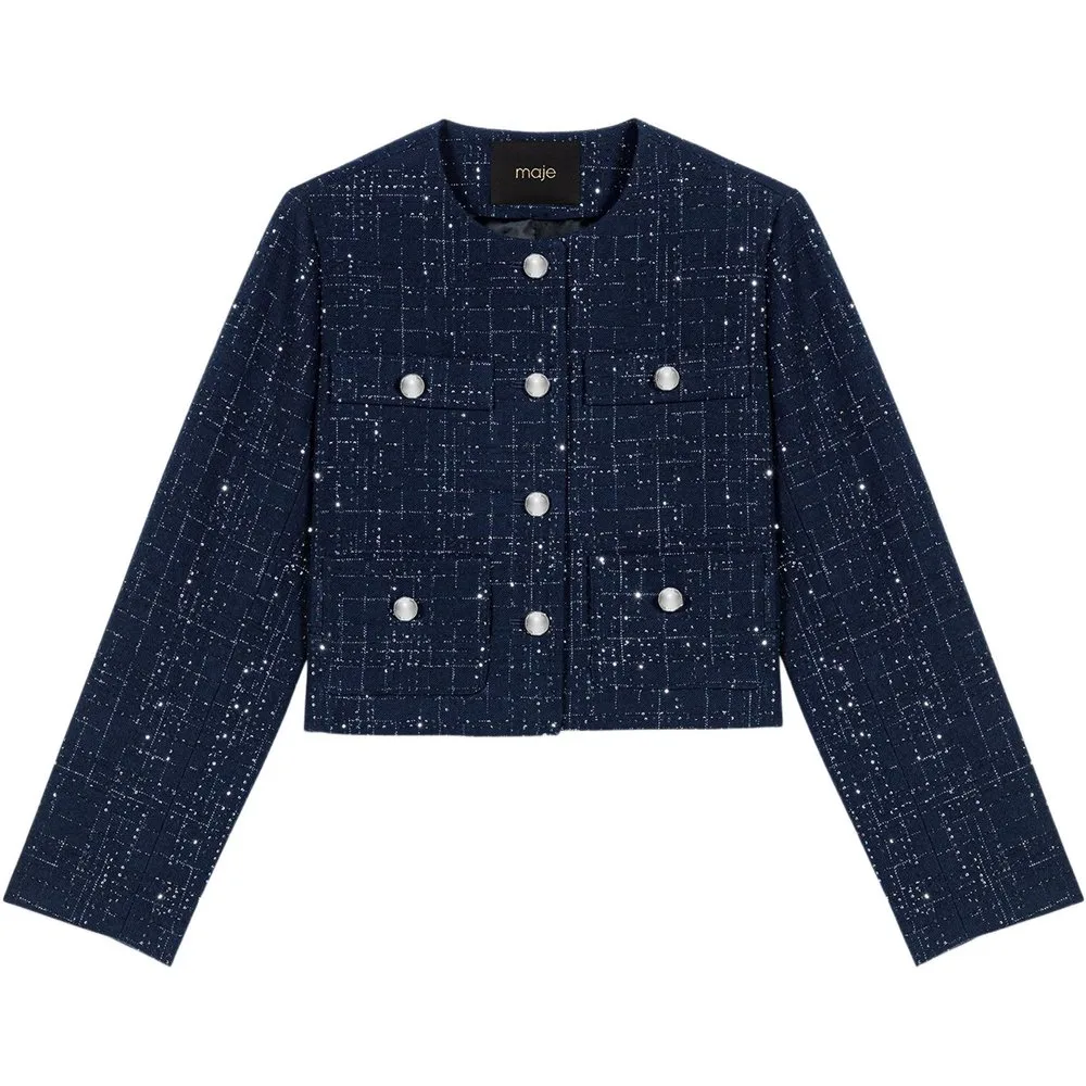 Chaqueta de mujer corta con tweed de cuadros y estrás - Maje - FashionsVida