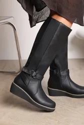 Wheres Womens 'Regina' Faux Leather Knee High Wedge Boots With Strap And Buckle - Black - Size Uk 6