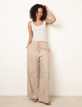 Embroidered Pattern Wide-Leg Trousers - L / STONE - female - Blue Vanilla - FashionsVida
