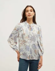 Floral Tie Neck Button Through Blouse Blue Mix female