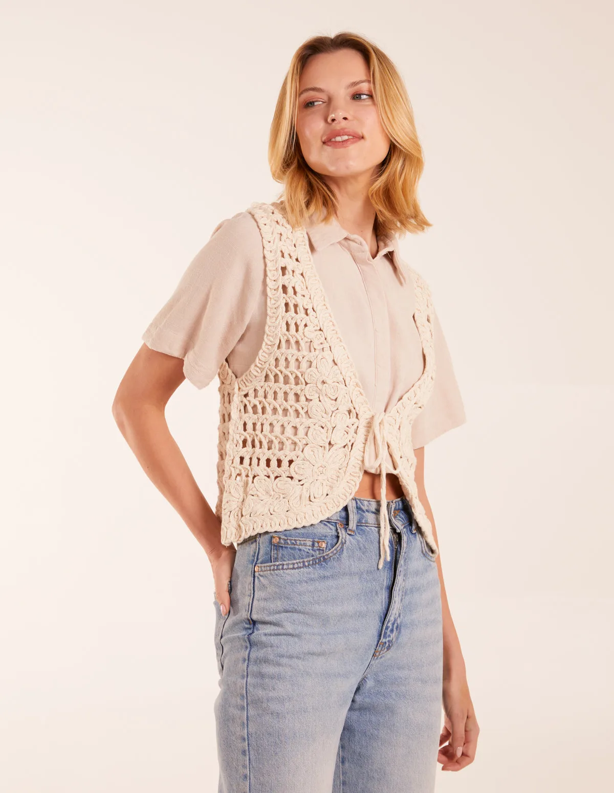Crochet Sleeveless Cardigan - S/M / STONE - female - Blue Vanilla - FashionsVida