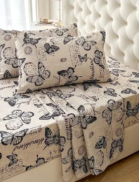 Juego de 4 piezas, 100% poliéster, estampado vintage de mariposas, sábana ajustada de 35 cm de profundidad, juego de ropa de cama (2 fundas de almoh - Shein - FashionsVida